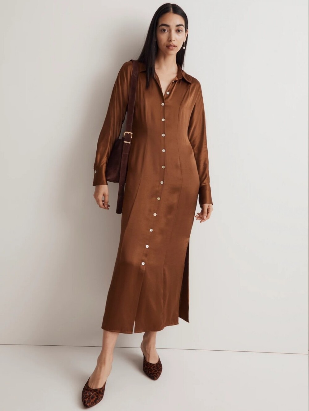 Madewell Satin Button Front Midi Shirt Dress Dried Cedar Brown Size 12